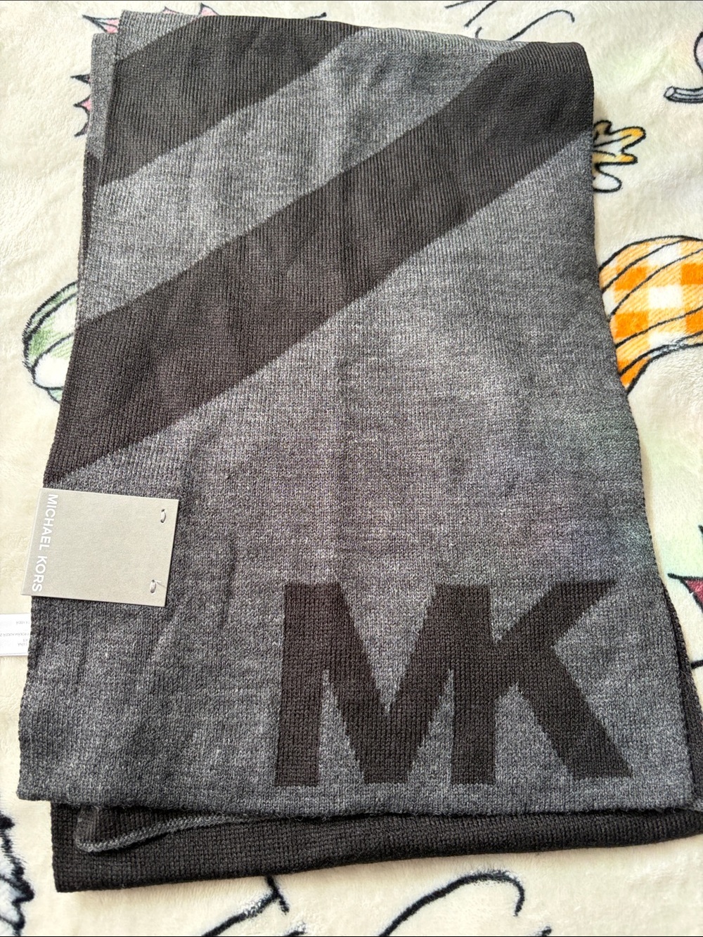 Michael Kors Men's Gray Diagonal Stripe MK Logo Knit Scarf